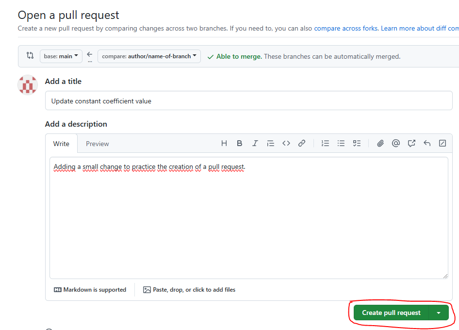 Add title and description and click 'Create pull request'
